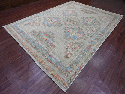 Peshawar Tribal & Geometric hand-knotted wool rug in Ivory & Blue, 8'8" x 11'8" — SKU O020636 (view 3)