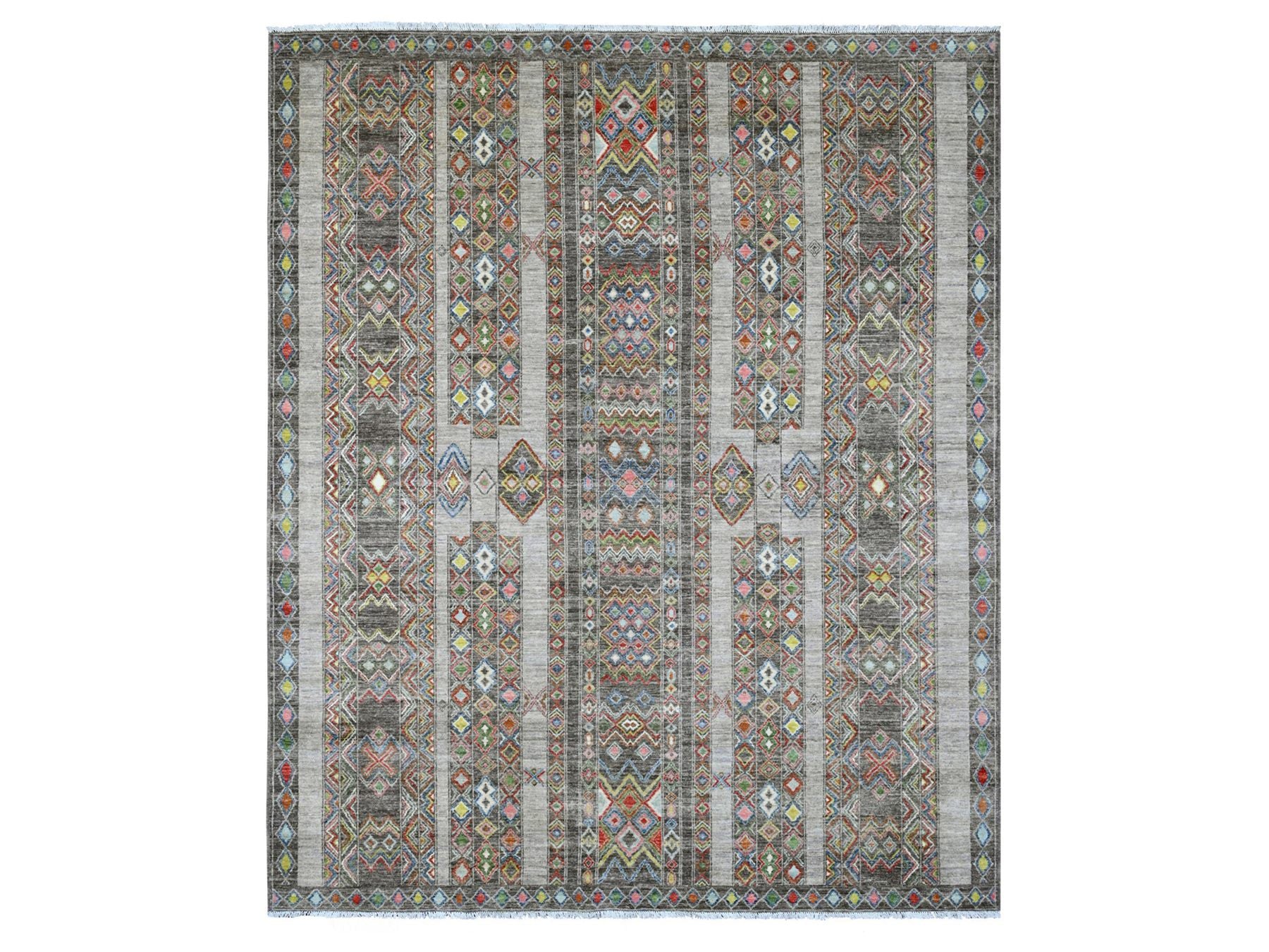 Tribal & Geometric hand-knotted wool rug in Gray, 8'1" x 9'6" — SKU O020637