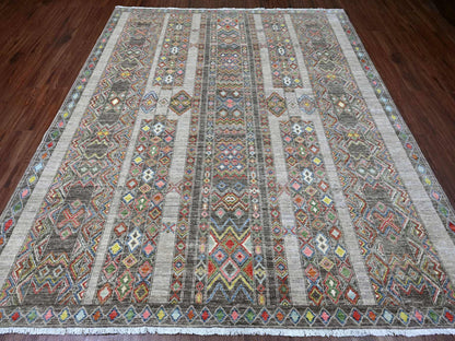 Grey 8'1" x 9'6" Tribal & Geometric Hand knotted Wool Rug - Sku: O020637