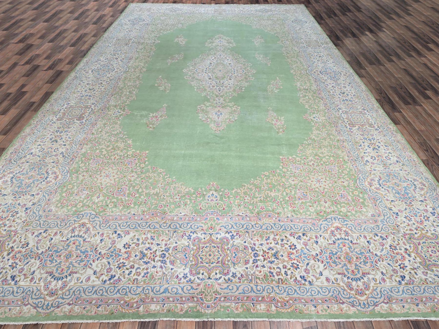 Kerman Vintage hand-knotted wool rug in Green & Ivory, 11'8" x 19'3" — SKU O02063 (view 2)