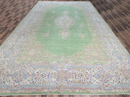Kerman Vintage hand-knotted wool rug in Green & Ivory, 11'8" x 19'3" — SKU O02063 (view 2)