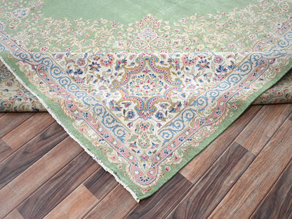 Kerman Vintage hand-knotted wool rug in Green & Ivory, 11'8" x 19'3" — SKU O02063 (view 7)