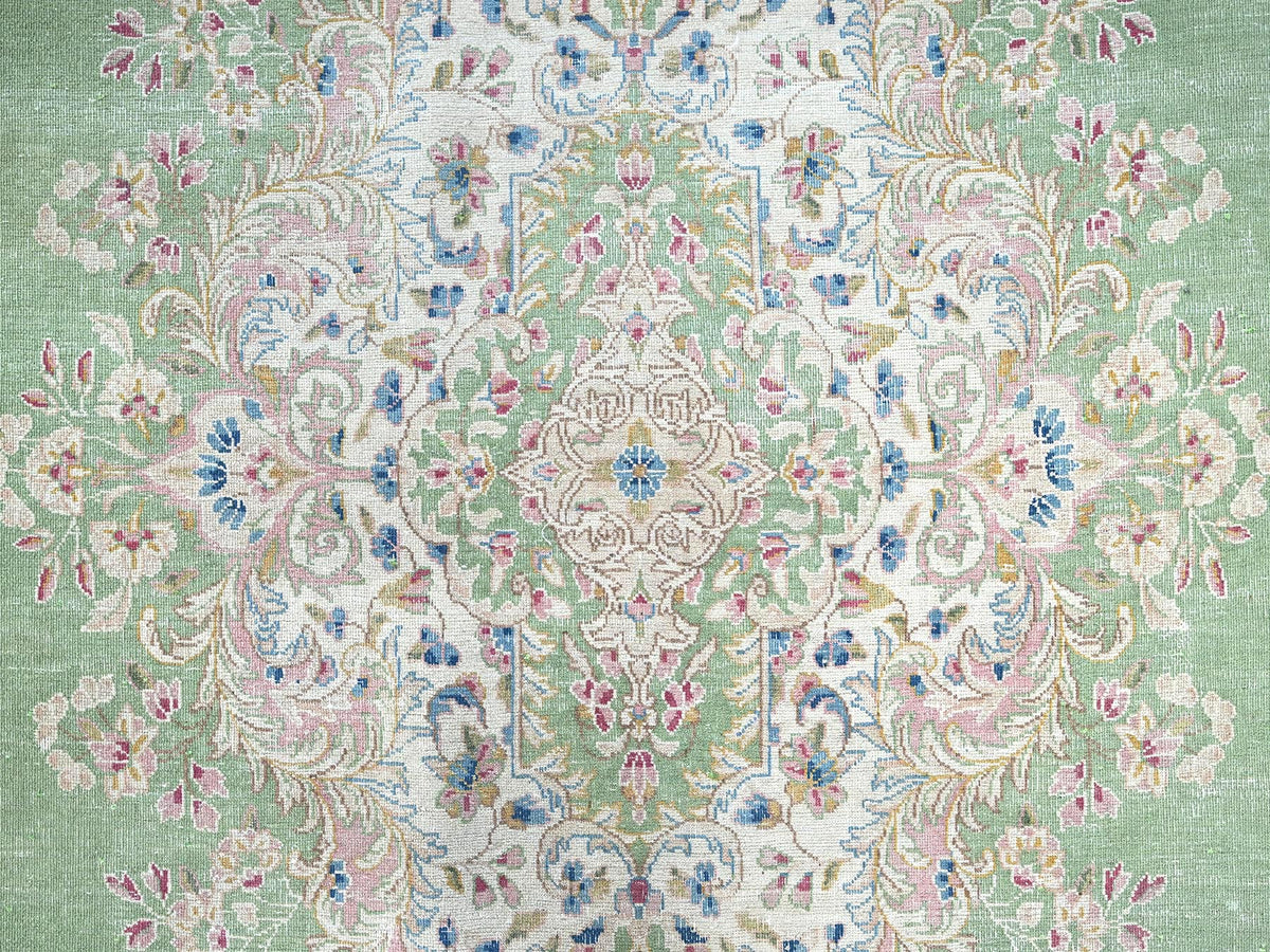 Kerman Vintage hand-knotted wool rug in Green & Ivory, 11'8" x 19'3" — SKU O02063 (view 9)