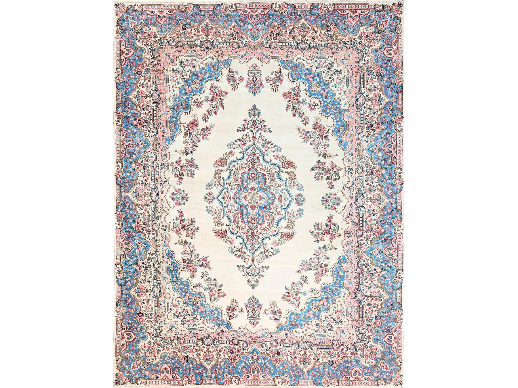 Kerman Vintage hand-knotted wool rug in Ivory & Light Blue, 10'3" x 13'2" — SKU O02064