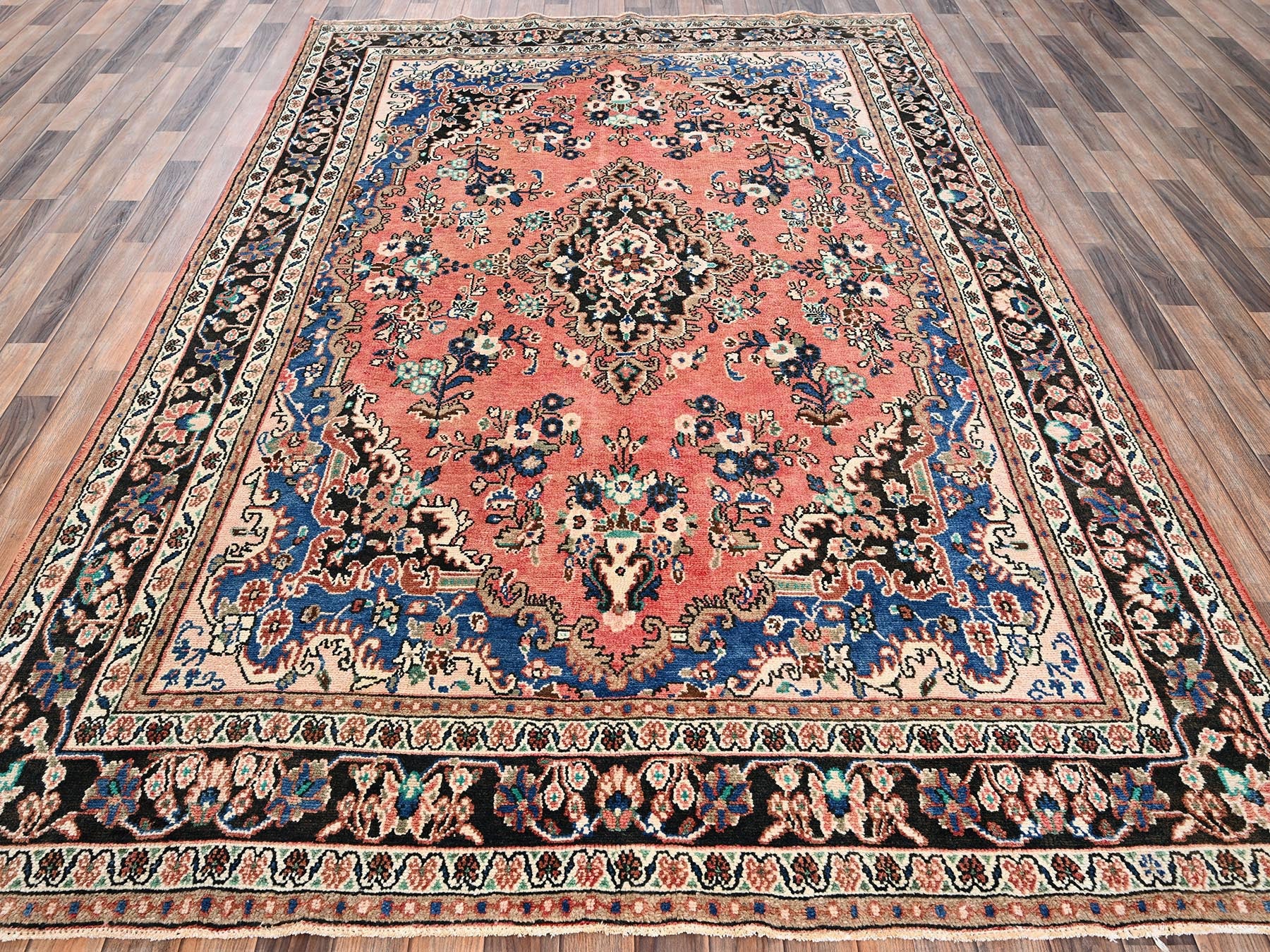 Vintage hand-knotted wool rug in Pink & Chocolate Brown, 6'11" x 10' — SKU O02066 (view 2)