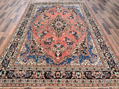 Vintage hand-knotted wool rug in Pink & Chocolate Brown, 6'11" x 10' — SKU O02066 (view 2)