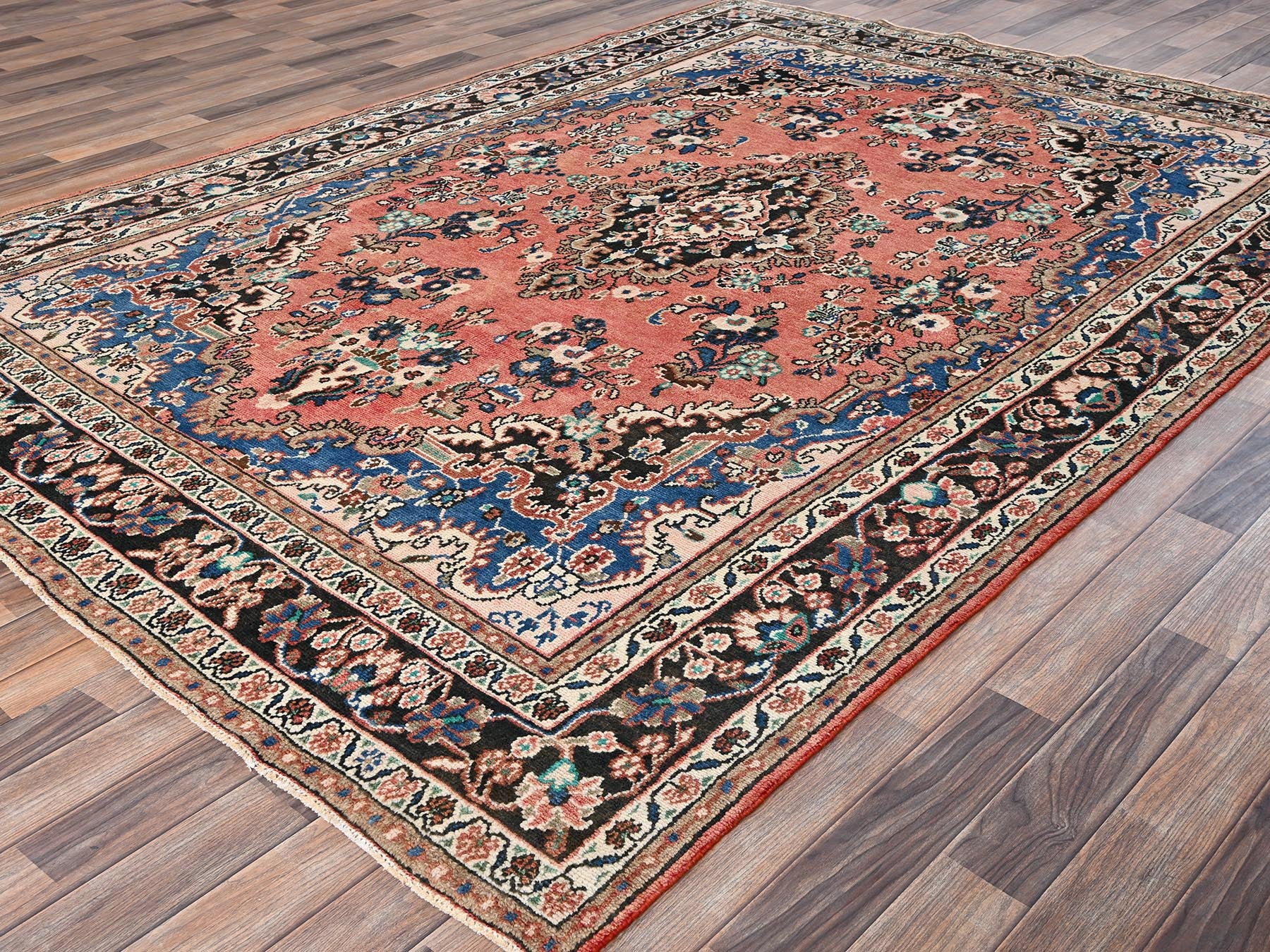 Vintage hand-knotted wool rug in Pink & Chocolate Brown, 6'11" x 10' — SKU O02066 (view 3)