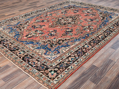 Vintage hand-knotted wool rug in Pink & Chocolate Brown, 6'11" x 10' — SKU O02066 (view 3)