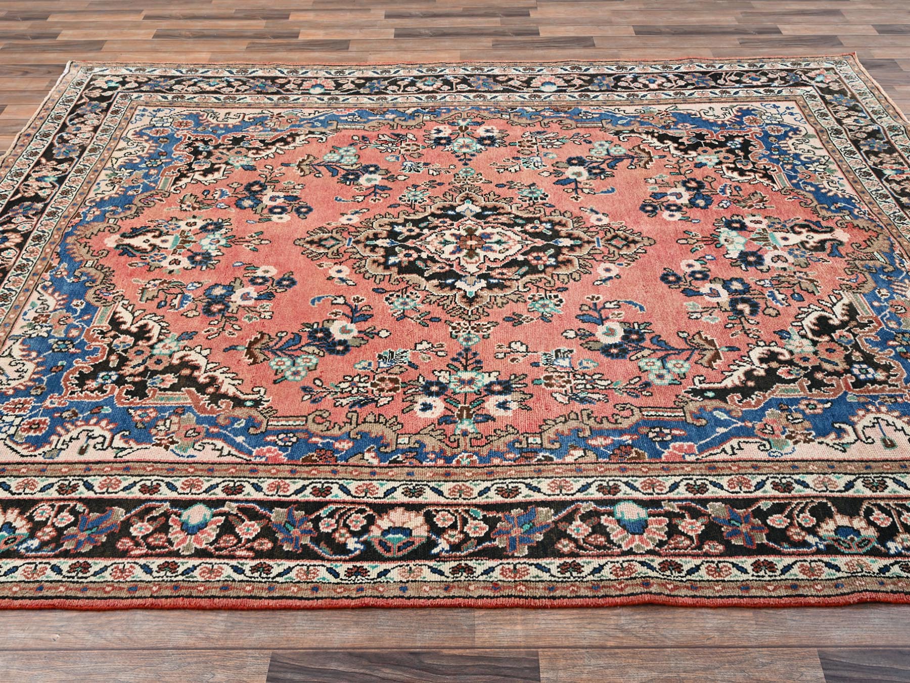 Vintage hand-knotted wool rug in Pink & Chocolate Brown, 6'11" x 10' — SKU O02066 (view 4)