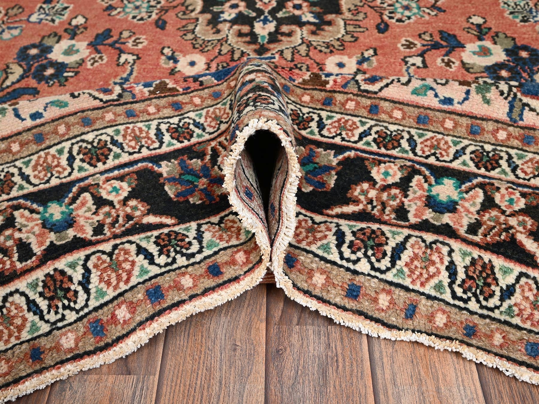 Vintage hand-knotted wool rug in Pink & Chocolate Brown, 6'11" x 10' — SKU O02066 (view 6)