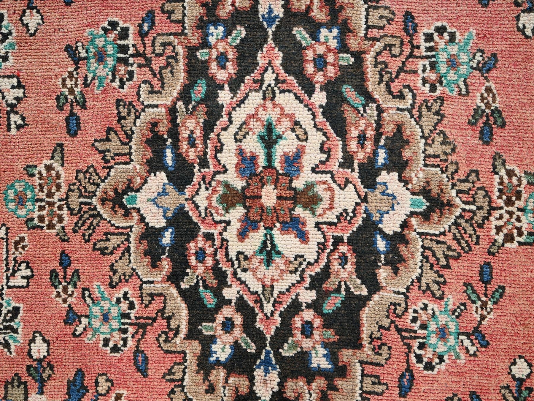 Vintage hand-knotted wool rug in Pink & Chocolate Brown, 6'11" x 10' — SKU O02066 (view 9)