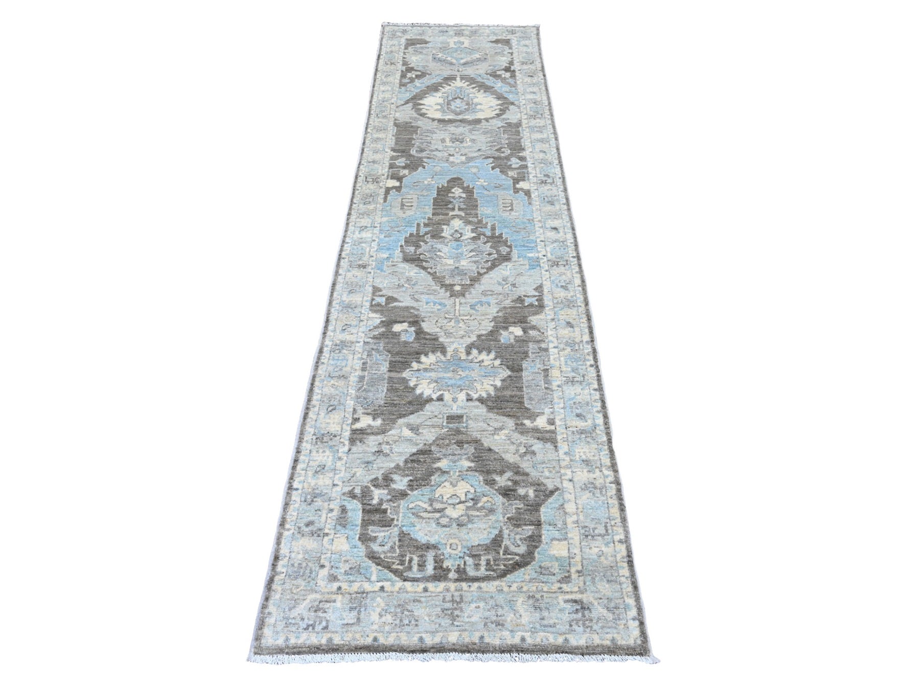 Gray 2'6" x 9'7" Oushak / Peshawar Hand knotted Wool Rug - Sku: O020671