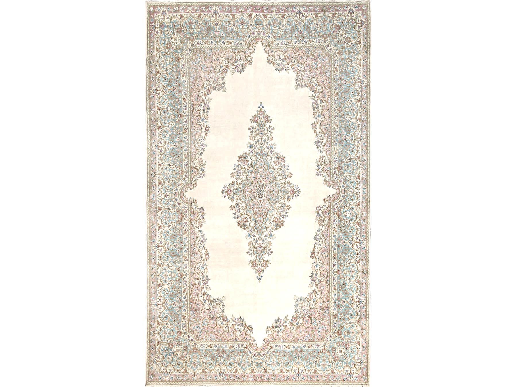 Kerman Vintage hand-knotted wool rug in Ivory & Light Blue, 8'9" x 15'2" — SKU O02067