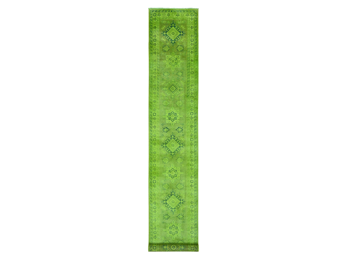 Kazak Kazak hand-knotted wool runner in Overdyed & Green, 2'8" x 18'10" — SKU O020680