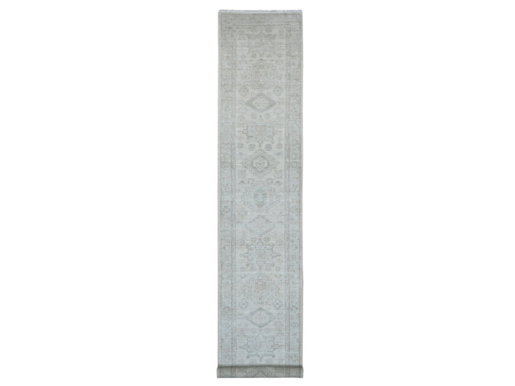 Peshawar Oushak hand-knotted wool runner in Ivory & Light Gray, 2'8" x 15'11" — SKU O020682