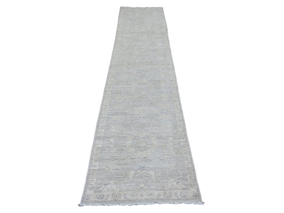 Peshawar Oushak hand-knotted wool runner in Gray & Ivory, 2'7" x 11'9" — SKU O020683