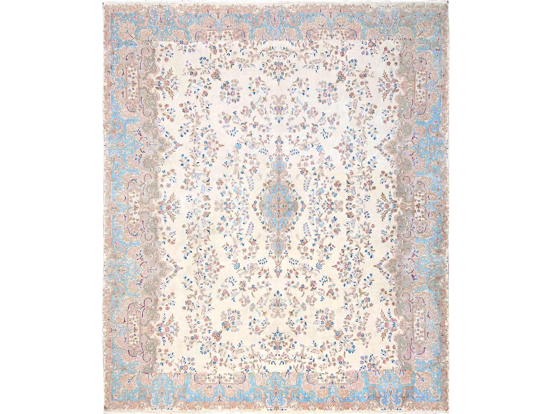 Kerman Vintage hand-knotted wool rug in Ivory & Light Blue, 11'10" x 14'2" — SKU O02068