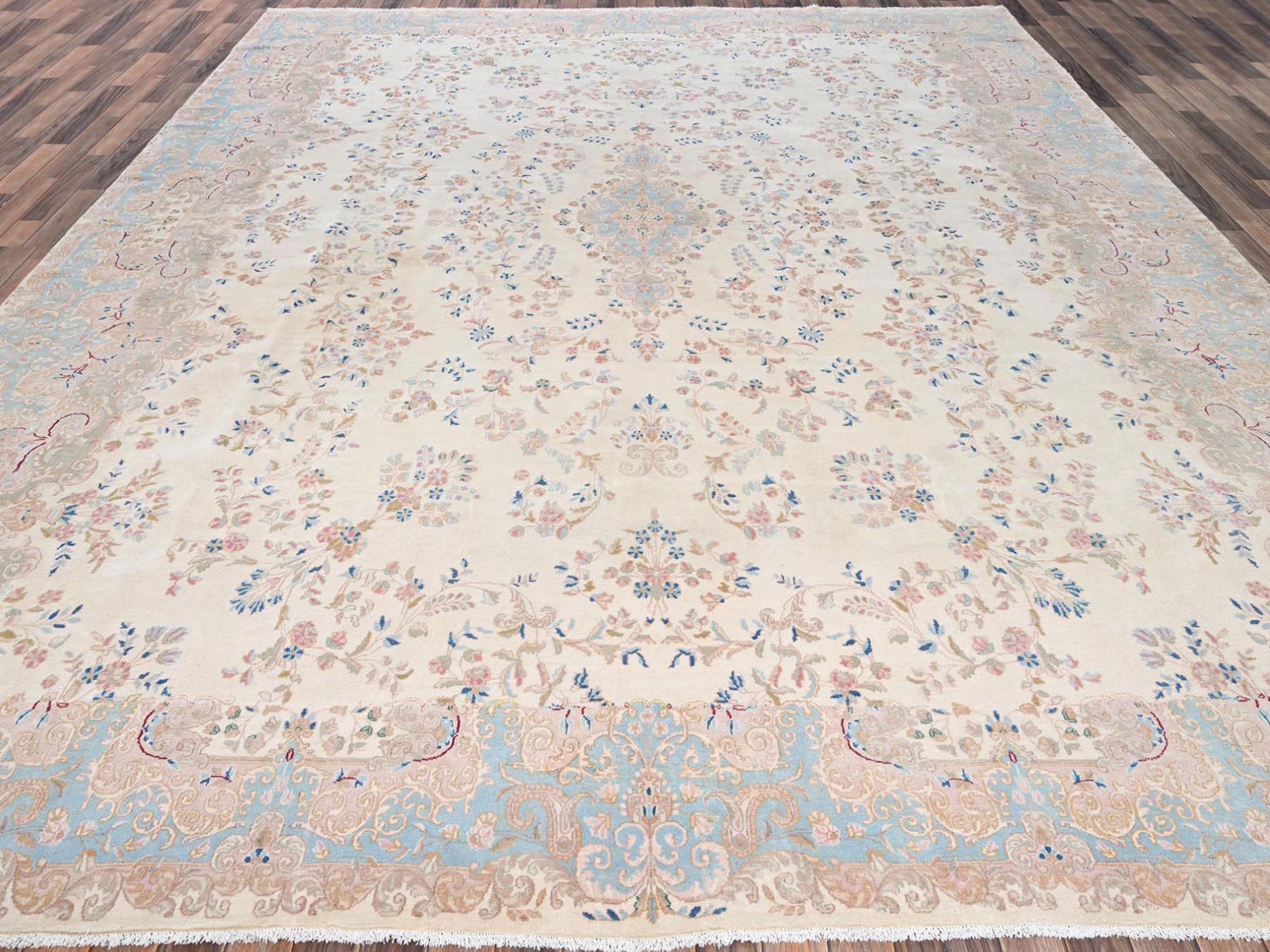 Kerman Vintage hand-knotted wool rug in Ivory & Light Blue, 11'10" x 14'2" — SKU O02068 (view 2)