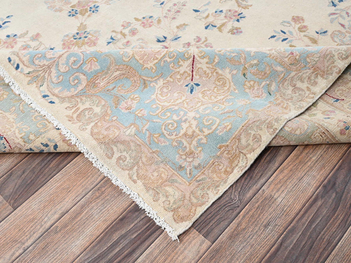 Kerman Vintage hand-knotted wool rug in Ivory & Light Blue, 11'10" x 14'2" — SKU O02068 (view 7)