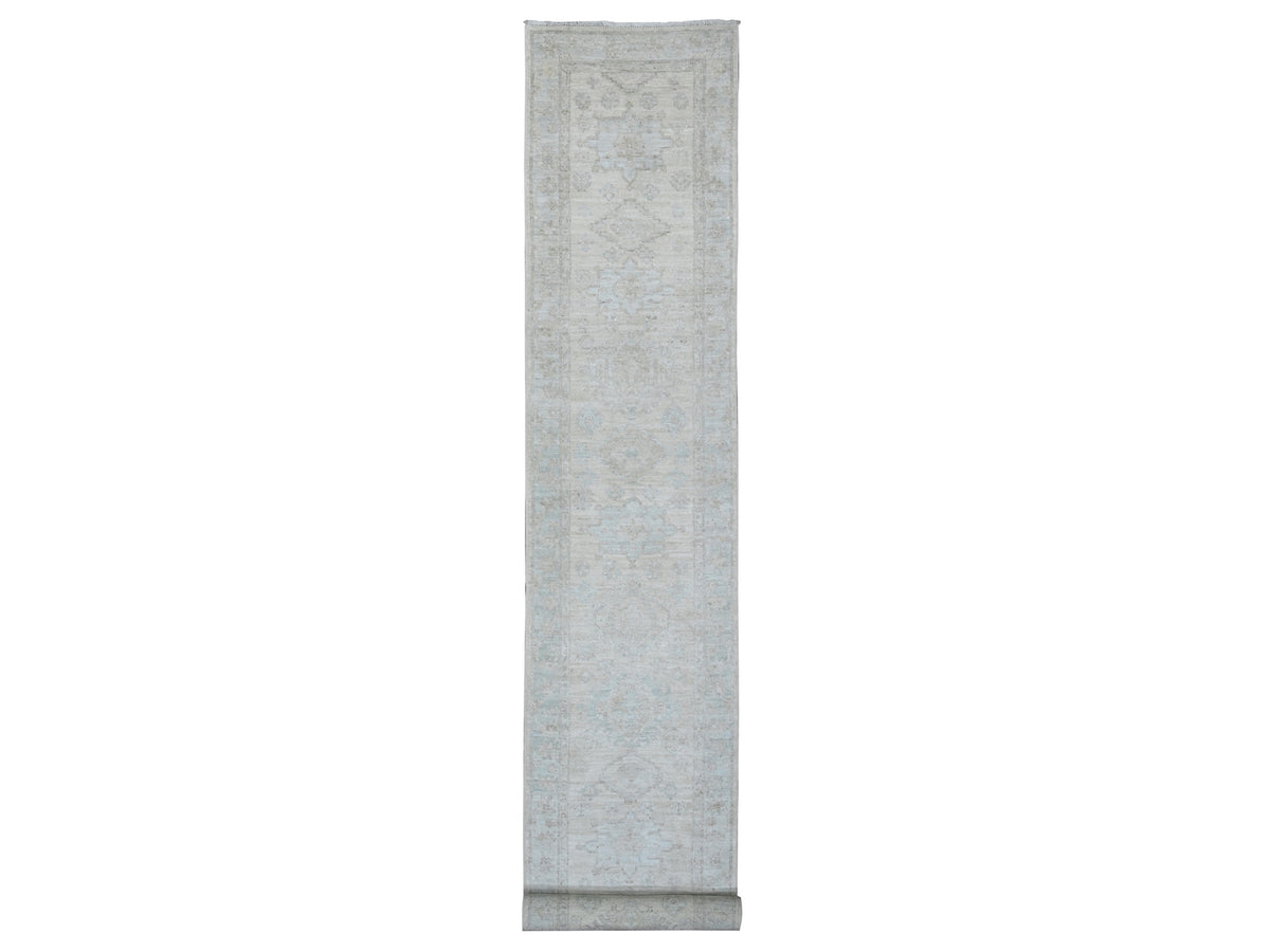 Peshawar Oushak hand-knotted wool runner in Ivory & Light Blue, 2'7" x 18'9" — SKU O020690