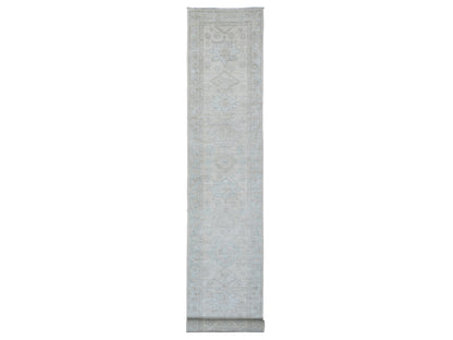 Peshawar Oushak hand-knotted wool runner in Ivory & Light Blue, 2'7" x 18'9" — SKU O020690