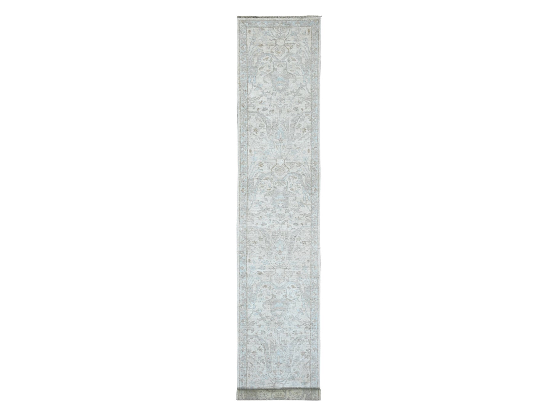 Peshawar Oushak hand-knotted wool runner in Ivory & Light Blue, 2'8" x 16'3" — SKU O020693