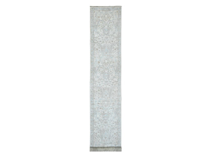 Peshawar Oushak hand-knotted wool runner in Ivory & Light Blue, 2'8" x 16'3" — SKU O020693