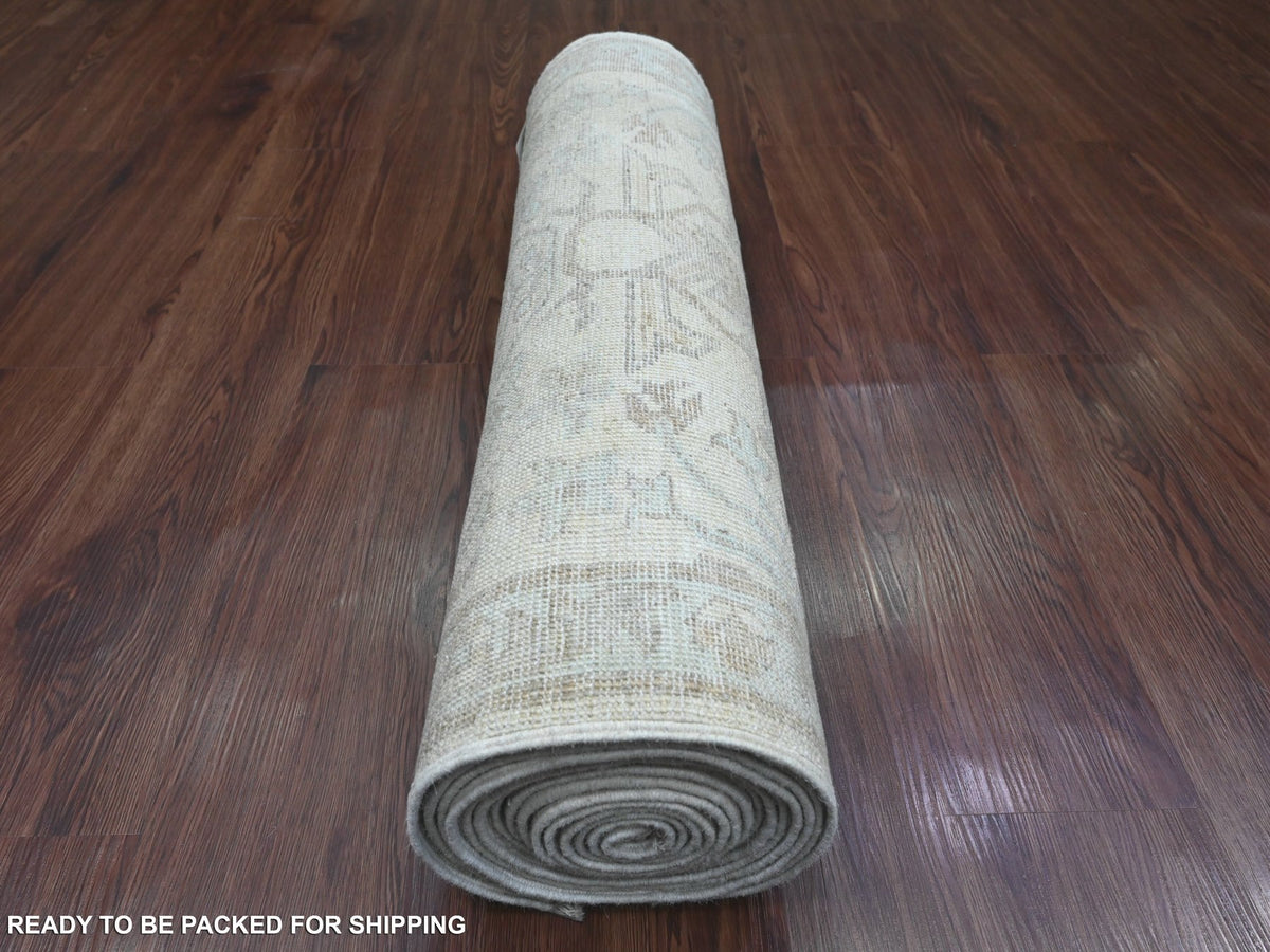 Peshawar Oushak hand-knotted wool runner in Ivory & Light Blue, 2'8" x 16'3" — SKU O020693 (view 4)