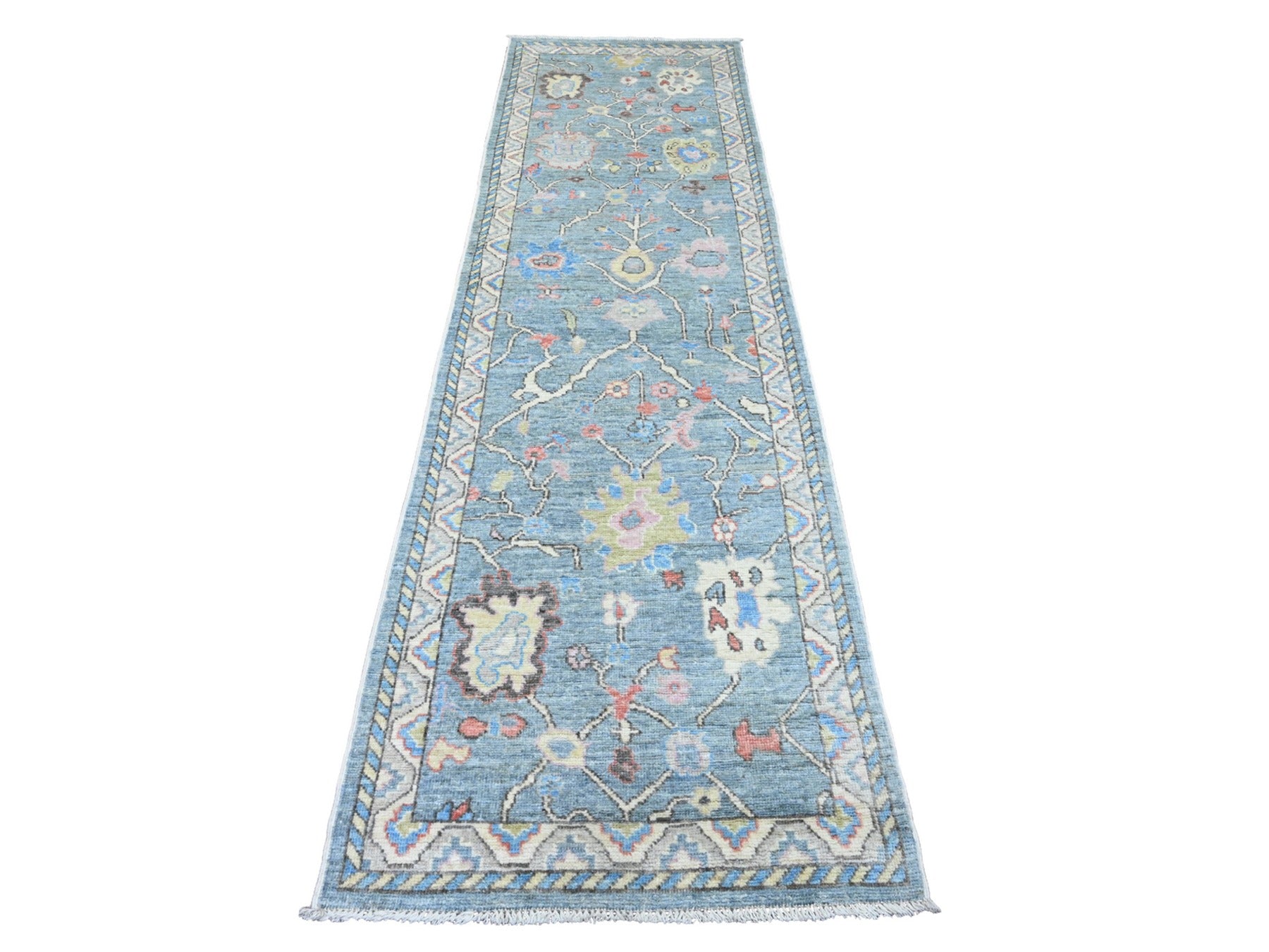 Blue 2'9" x 9'9" Oushak / Peshawar Hand knotted Wool Rug - Sku: O020701