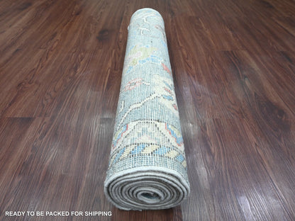 Blue 2'9" x 9'9" Oushak And Peshawar Hand knotted Wool Rug - Sku: O020701