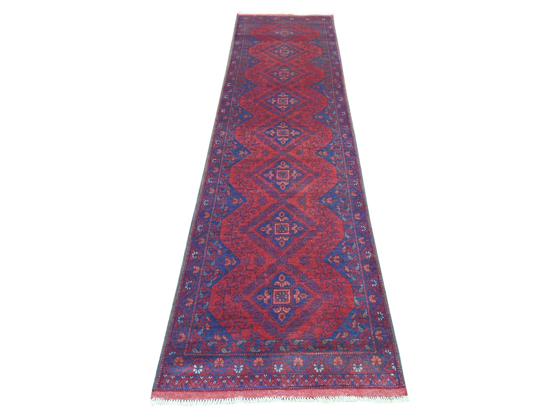 Tribal & Geometric hand-knotted wool runner in Red & Navy Blue, 2'7" x 9'8" — SKU O020716