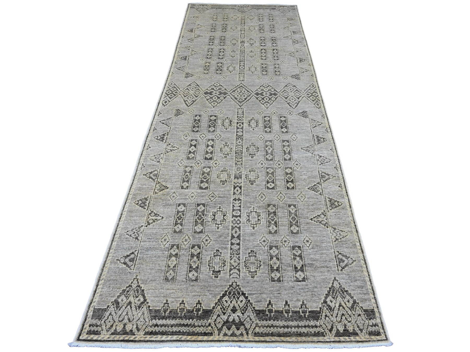 Tribal & Geometric hand-knotted wool runner in Gray, 3'11" x 11'9" — SKU O020823