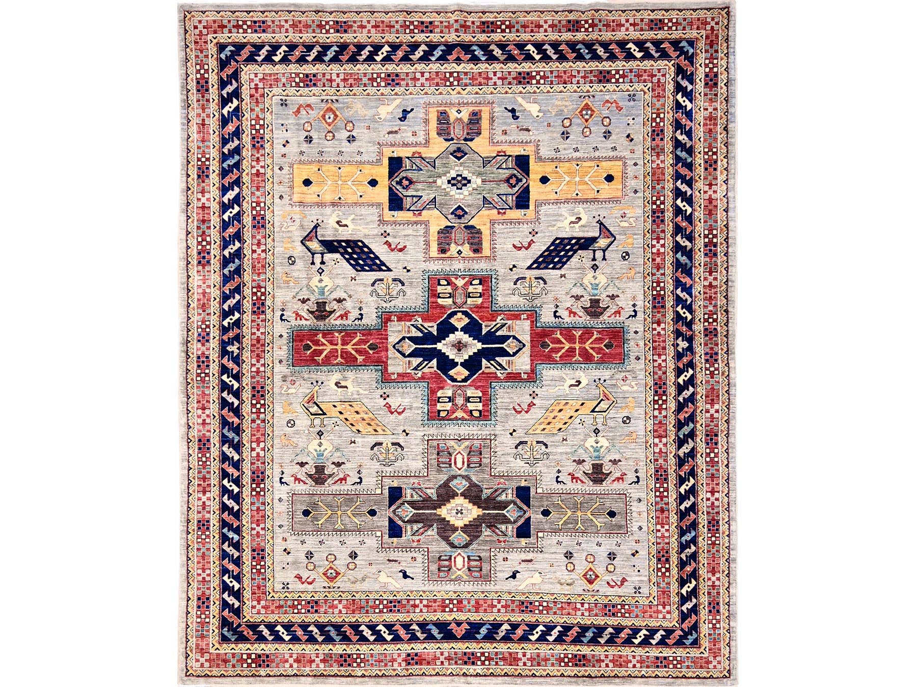Tribal & Geometric hand-knotted wool rug in Gray & Orange, 7'10" x 9'9" — SKU O02082