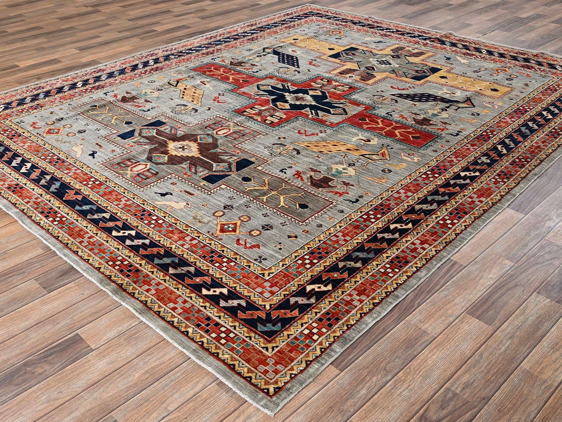 Tribal & Geometric hand-knotted wool rug in Gray & Orange, 7'10" x 9'9" — SKU O02082 (view 3)