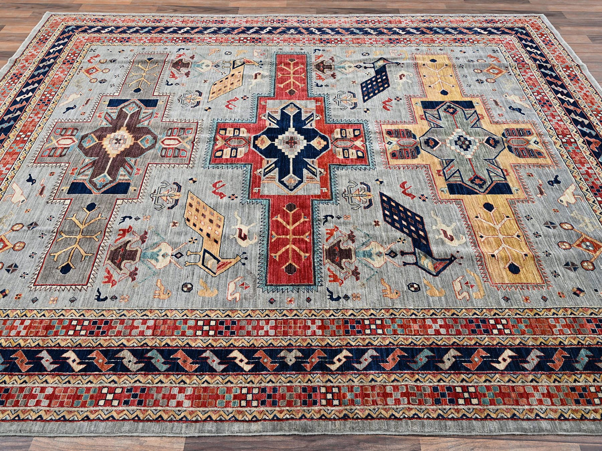 Tribal & Geometric hand-knotted wool rug in Gray & Orange, 7'10" x 9'9" — SKU O02082 (view 4)