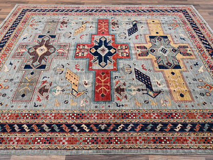 Tribal & Geometric hand-knotted wool rug in Gray & Orange, 7'10" x 9'9" — SKU O02082 (view 4)