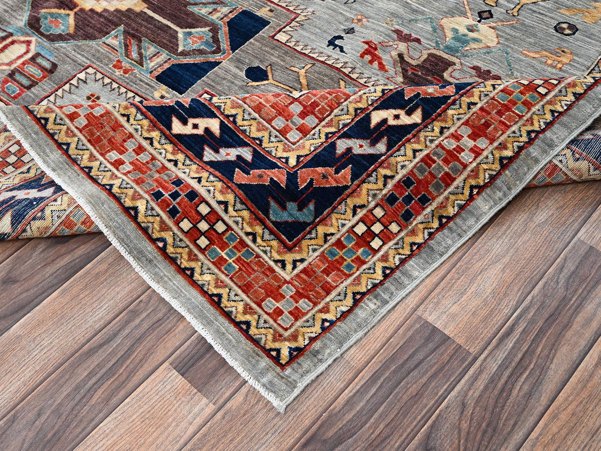 Tribal & Geometric hand-knotted wool rug in Gray & Orange, 7'10" x 9'9" — SKU O02082 (view 7)