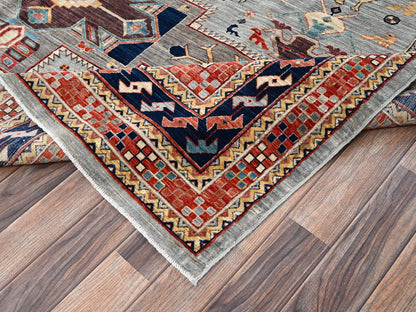 Tribal & Geometric hand-knotted wool rug in Gray & Orange, 7'10" x 9'9" — SKU O02082 (view 7)