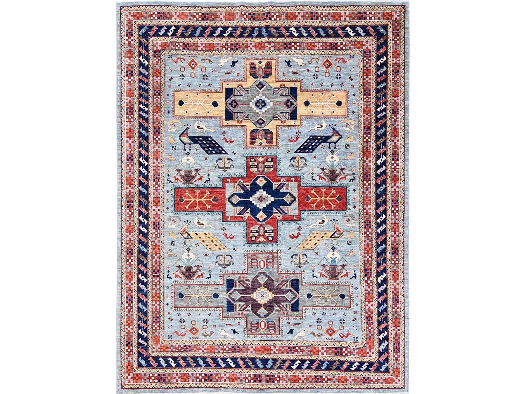 Tribal & Geometric hand-knotted wool rug in Gray & Orange, 8'9" x 11'10" — SKU O02086