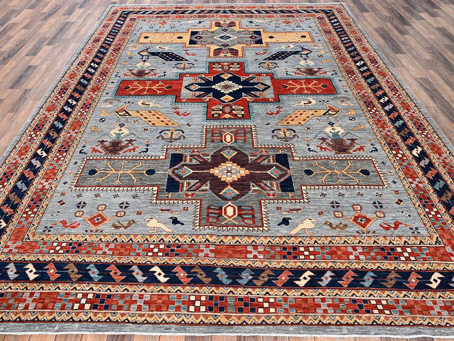 Tribal & Geometric hand-knotted wool rug in Gray & Orange, 8'9" x 11'10" — SKU O02086 (view 2)