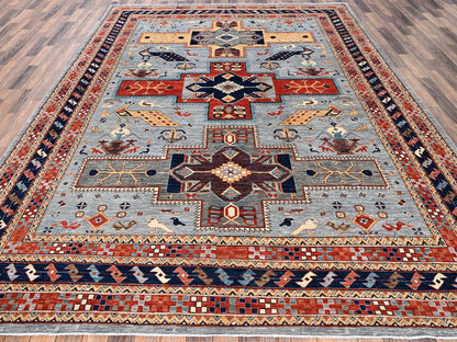 Tribal & Geometric hand-knotted wool rug in Gray & Orange, 8'9" x 11'10" — SKU O02086 (view 2)
