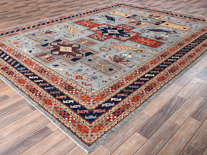 Tribal & Geometric hand-knotted wool rug in Gray & Orange, 8'9" x 11'10" — SKU O02086 (view 3)