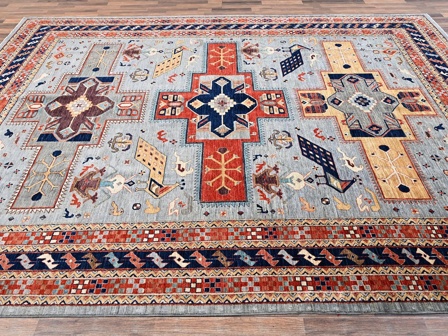 Tribal & Geometric hand-knotted wool rug in Gray & Orange, 8'9" x 11'10" — SKU O02086 (view 4)