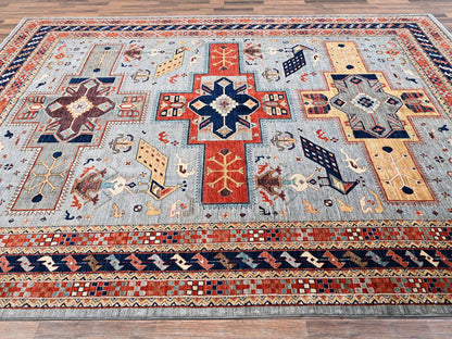 Tribal & Geometric hand-knotted wool rug in Gray & Orange, 8'9" x 11'10" — SKU O02086 (view 4)