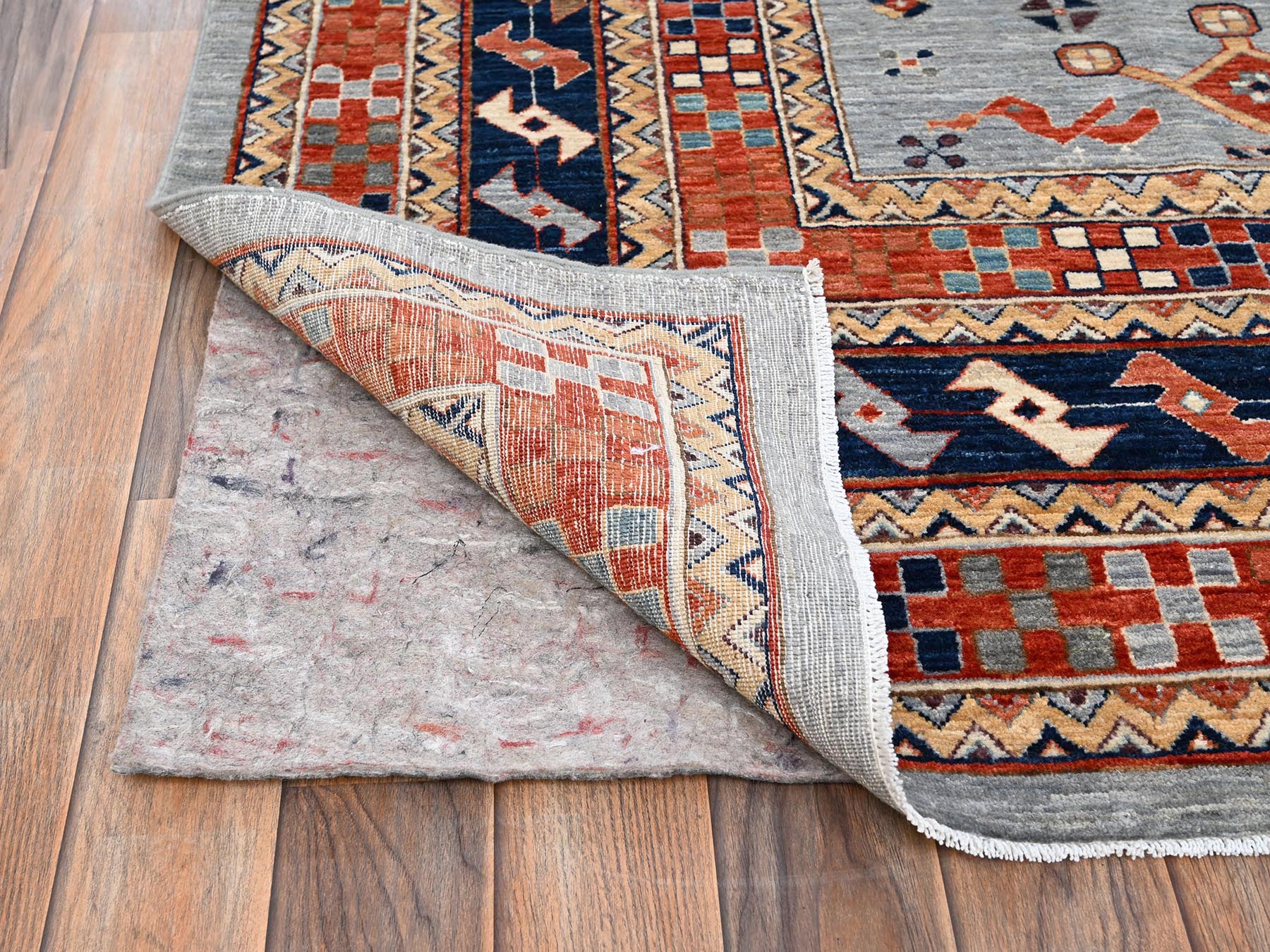 Tribal & Geometric hand-knotted wool rug in Gray & Orange, 8'9" x 11'10" — SKU O02086 (view 5)