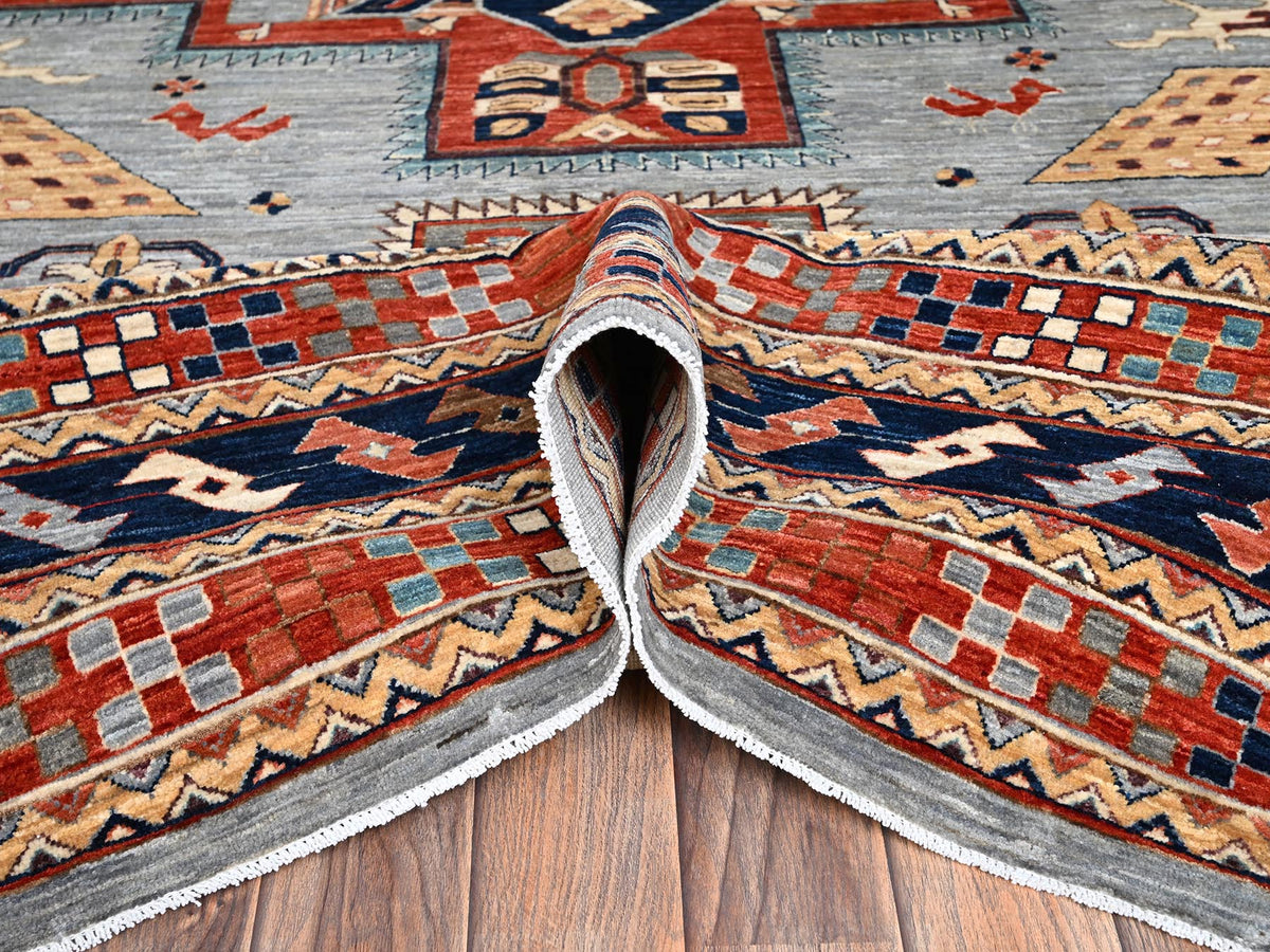 Tribal & Geometric hand-knotted wool rug in Gray & Orange, 8'9" x 11'10" — SKU O02086 (view 6)