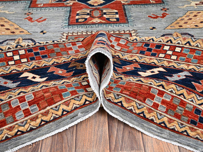 Tribal & Geometric hand-knotted wool rug in Gray & Orange, 8'9" x 11'10" — SKU O02086 (view 6)