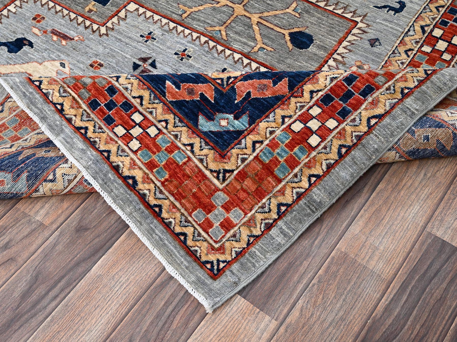 Tribal & Geometric hand-knotted wool rug in Gray & Orange, 8'9" x 11'10" — SKU O02086 (view 7)