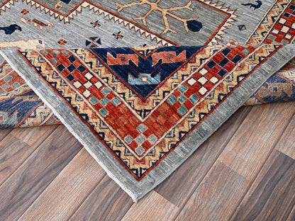 Tribal & Geometric hand-knotted wool rug in Gray & Orange, 8'9" x 11'10" — SKU O02086 (view 7)
