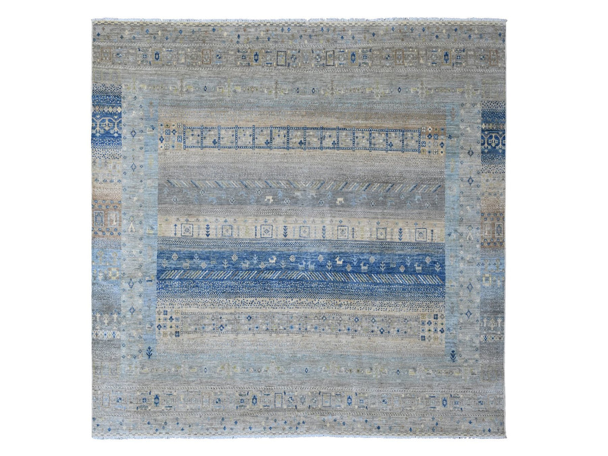 Gabbeh Tribal & Geometric hand-knotted wool rug in Gray, 7'8" x 7'11" — SKU O020915